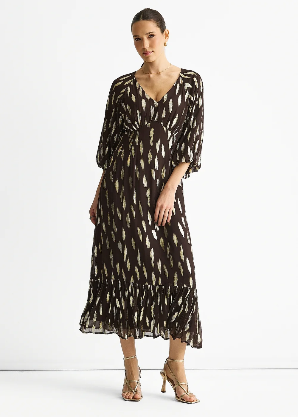 Gini London Chocolate Viscose Clipped Balloon Sleeve Maxi Dress - 14 Image 1