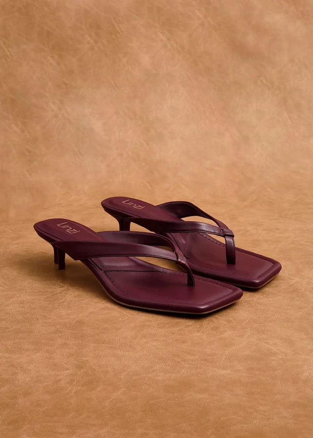 Linzi Potential Burgundy Faux Leather Toe Post Kitten Heel