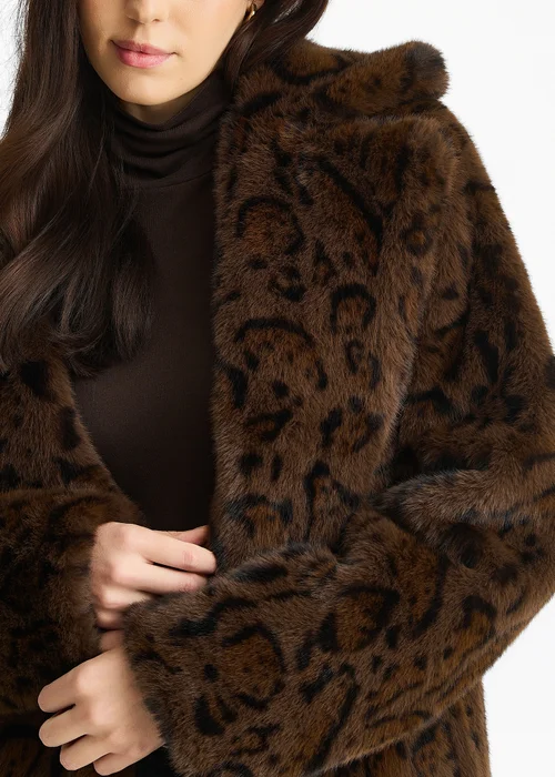 Gini London Chocolate Animal Print Premium Faux Fur Belted Long Coat - L/XL Image 3