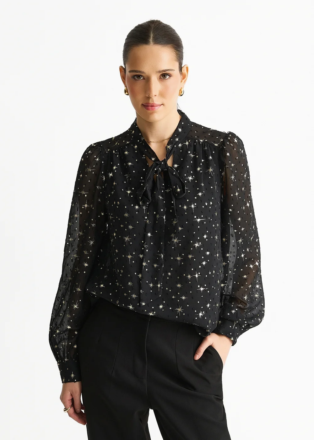 Gini London Black Dobby Star Chiffon Tie Neck Blouse - M/L Image 1