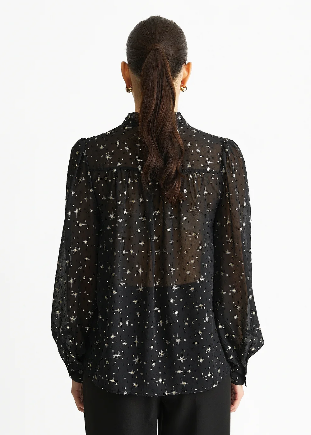 Gini London Black Dobby Star Chiffon Tie Neck Blouse - M/L Image 2