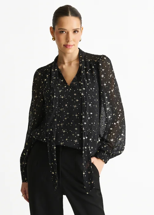 Gini London Black Dobby Star Chiffon Tie Neck Blouse - M/L Image 3