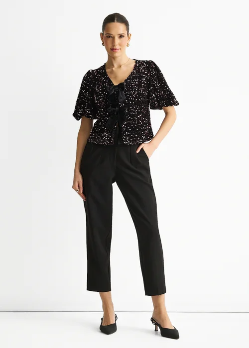 Gini London Purple Velvet Sequin Bow Front Bubble Sleeve Top - Size 14 Clothing Image 1