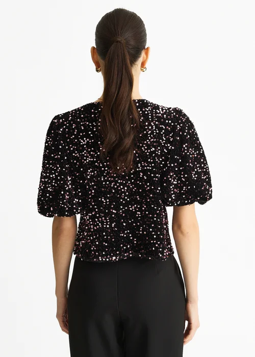 Gini London Purple Velvet Sequin Bow Front Bubble Sleeve Top - Size 14 Clothing Image 2