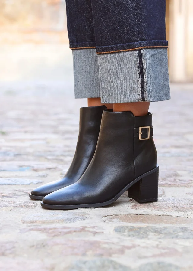 Linzi Rise Black Faux Leather Block Heeled Ankle Boot