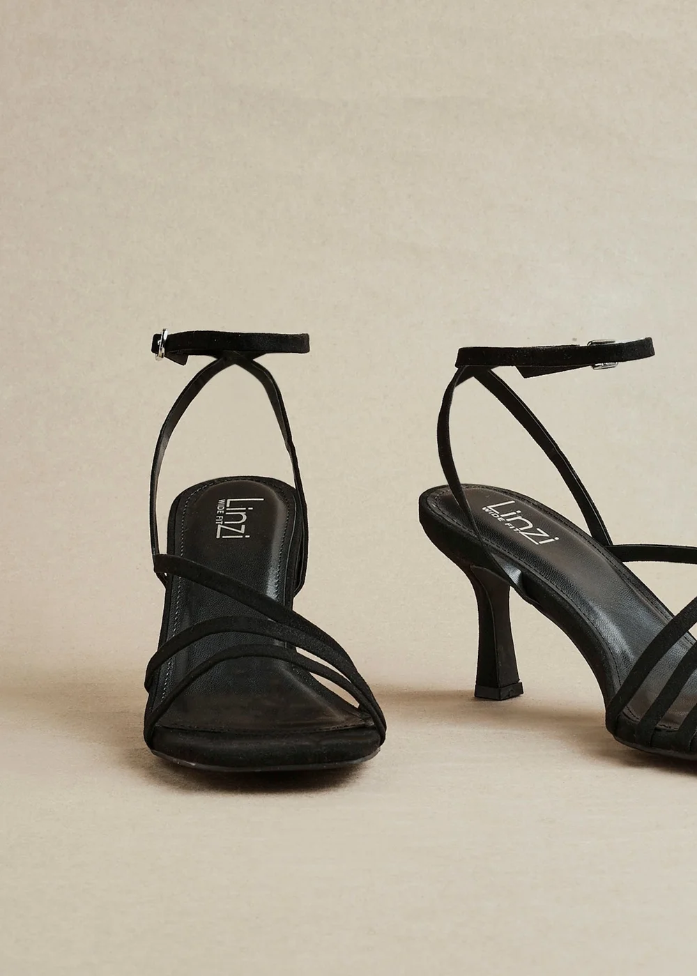 Linzi Reflect Black Faux Suede Strappy Heels - Size 7 Image 1