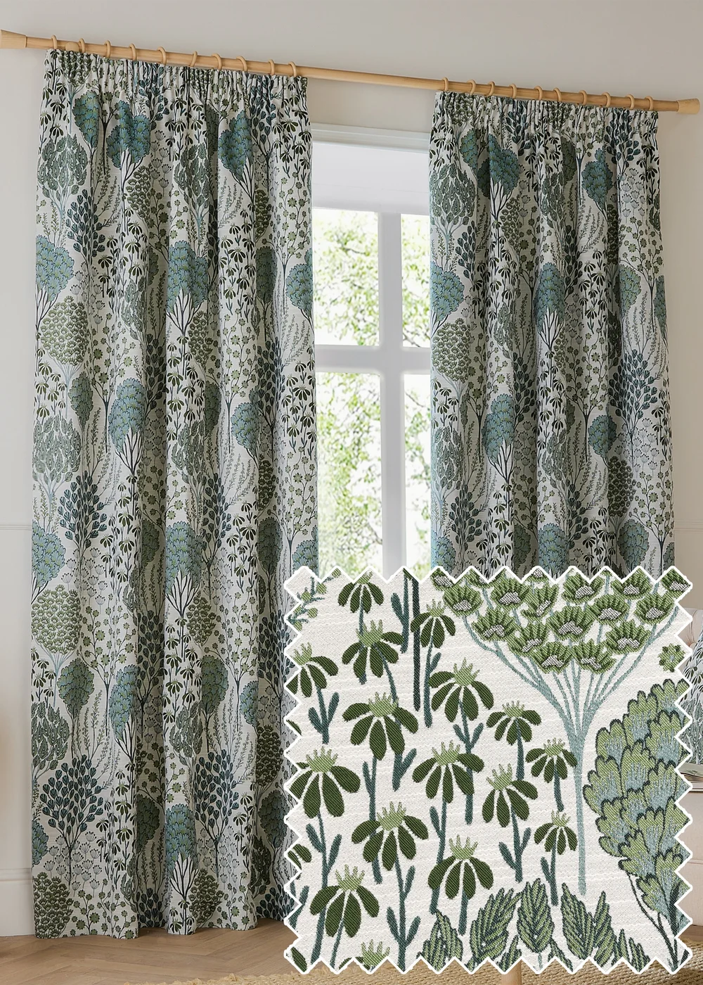Wylder Ophelia Jacquard Floral Room Darkening Pencil Pleat Curtain Pair Green/White - 46W X 54D (117x137cm Image 1