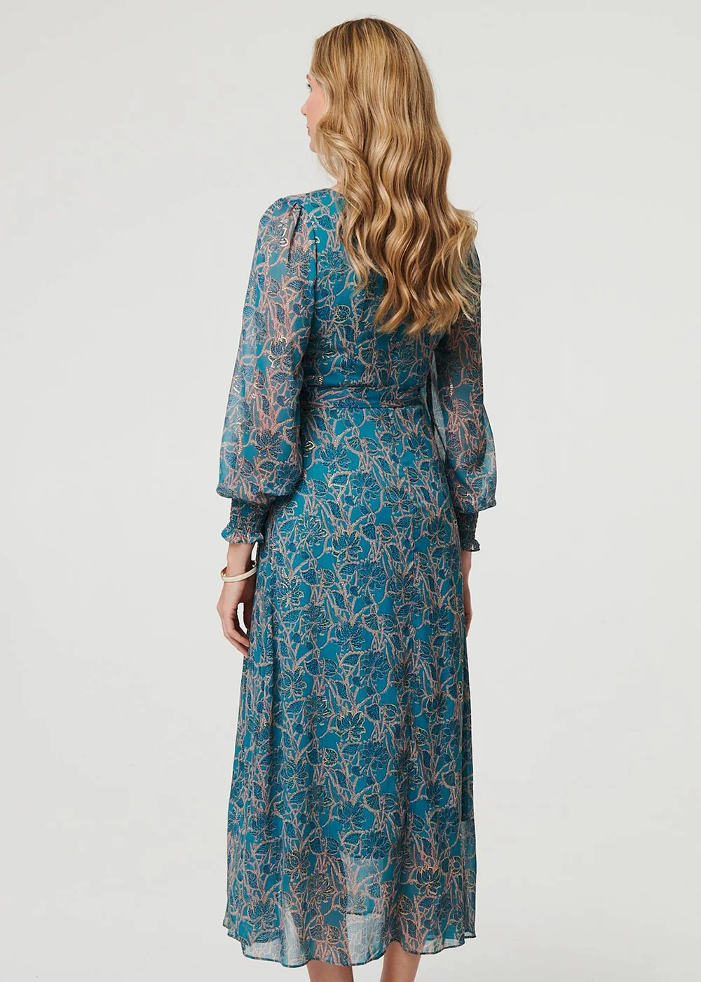 Izabel London Teal Printed Tie Waist Layered Midi Dress - 8 Image 2