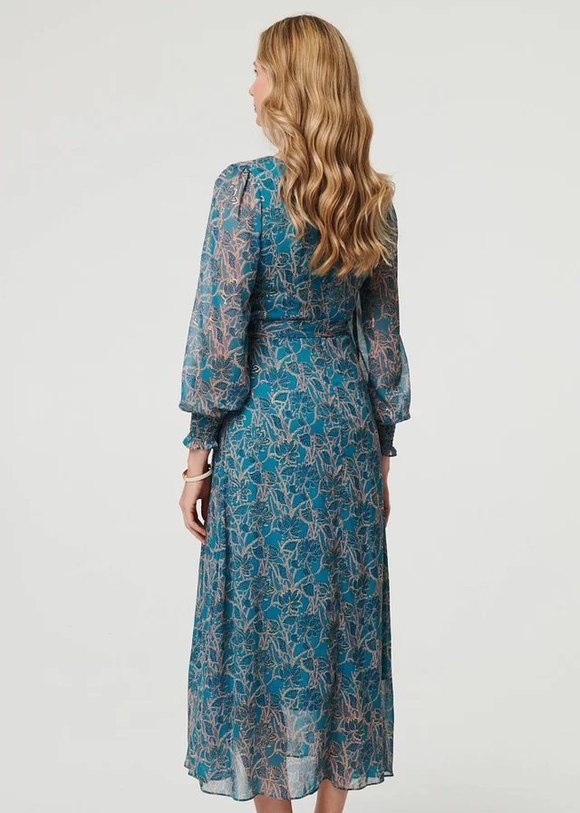 Izabel London Teal Printed Tie Waist Layered Midi Dress