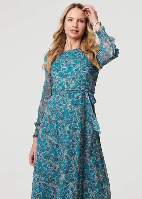 Izabel London Teal Printed Tie Waist Layered Midi Dress - 8 Image 4
