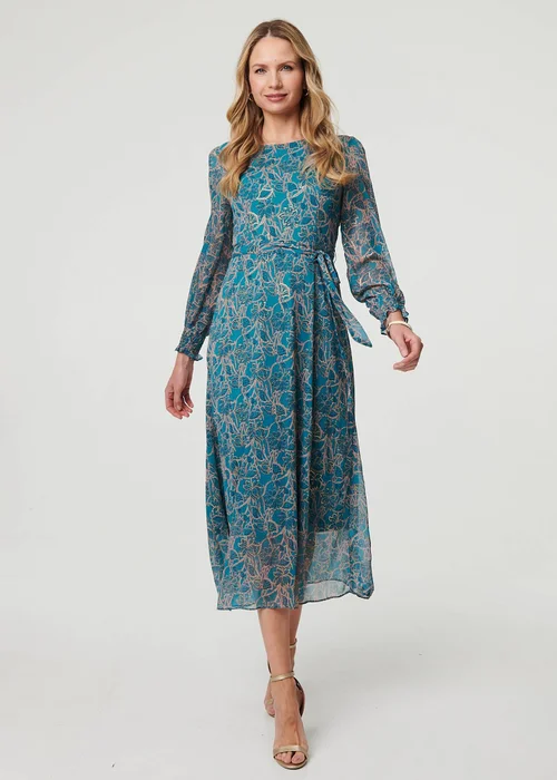 Izabel London Teal Printed Tie Waist Layered Midi Dress - 8 Image 1