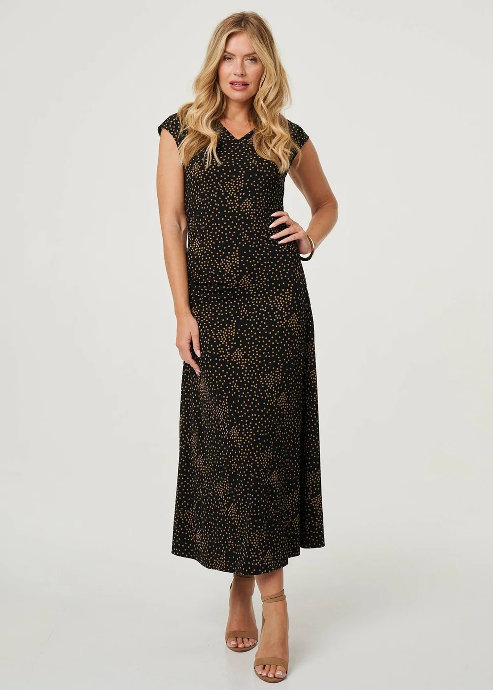 Izabel London Black Polka Dot Cap Sleeve A-Line Maxi Dress - 12 Image 1