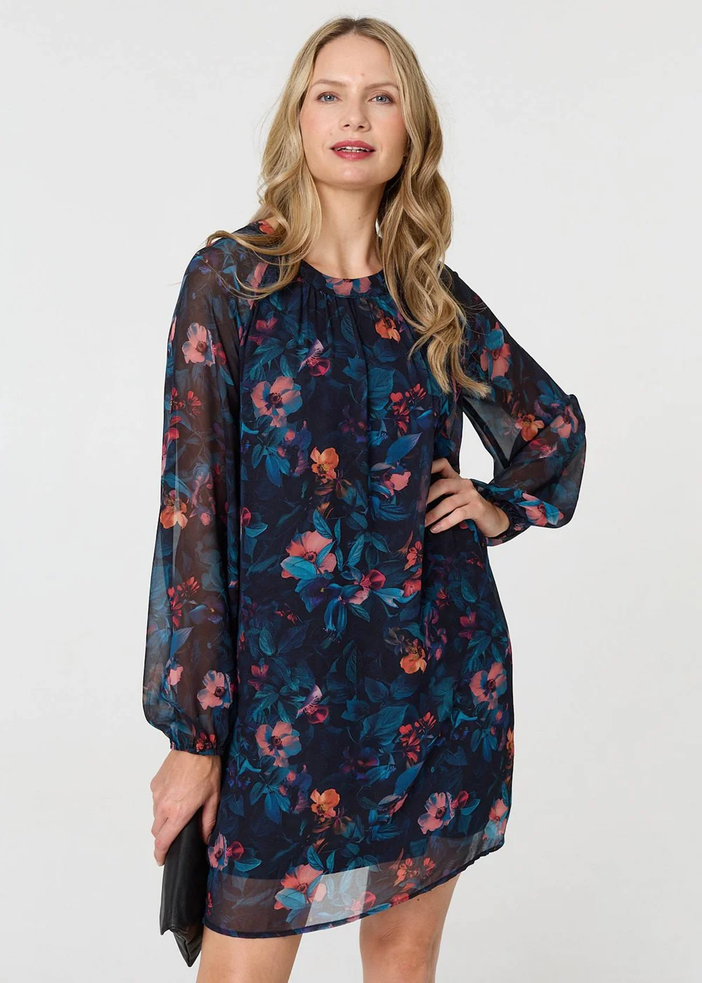 Izabel London Blue Floral Layered Long Sleeve Short Dress - 10 Image 1