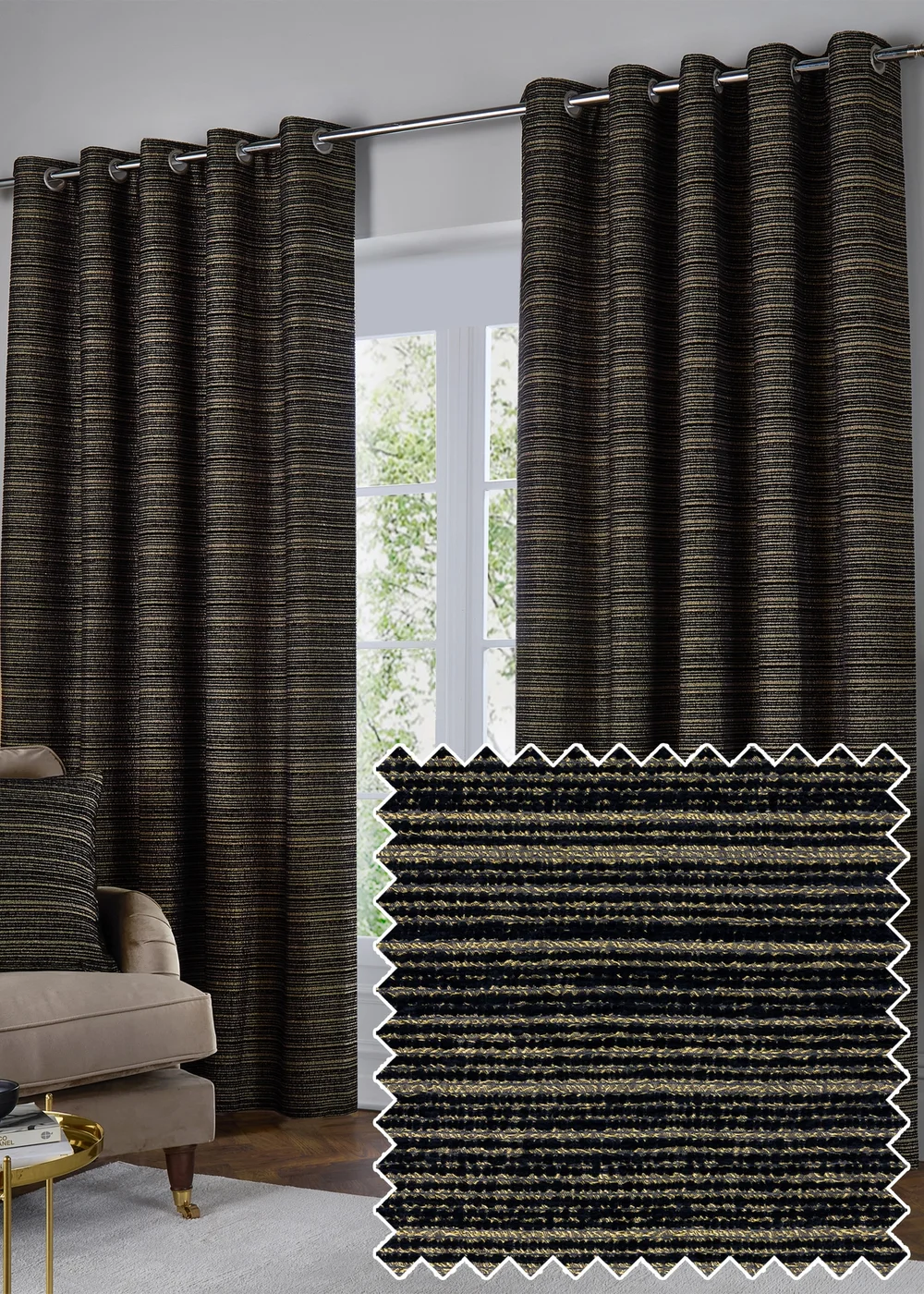 Paoletti Jupiter Chenille Jacquard Eyelet Curtain Pair Black/Gold - 46W X 54D (117x137cm Image 1