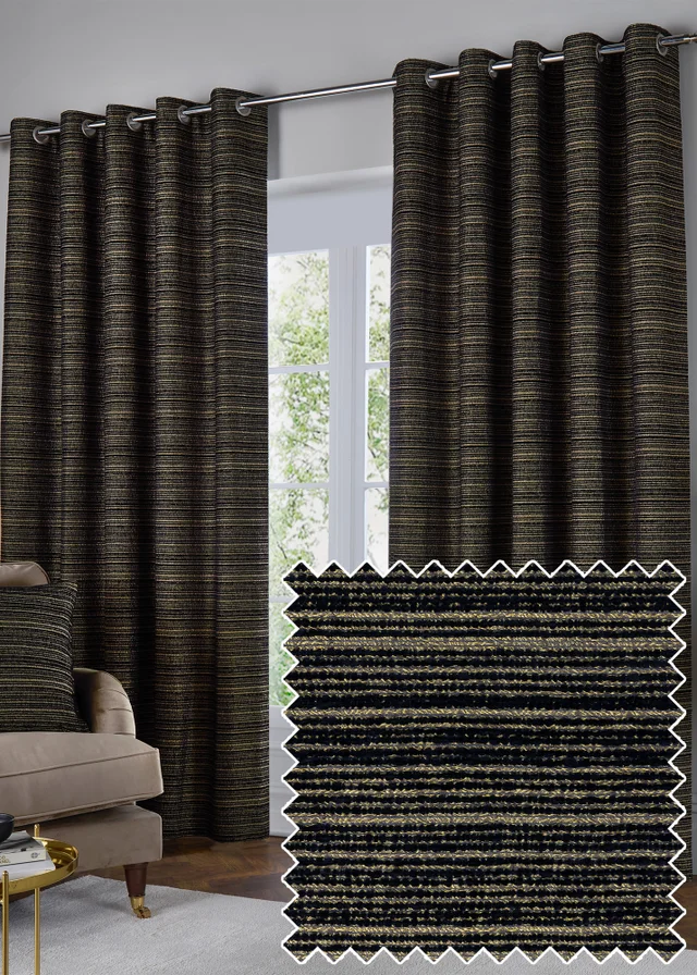 Paoletti Jupiter Chenille Jacquard Eyelet Curtain Pair Black/Gold