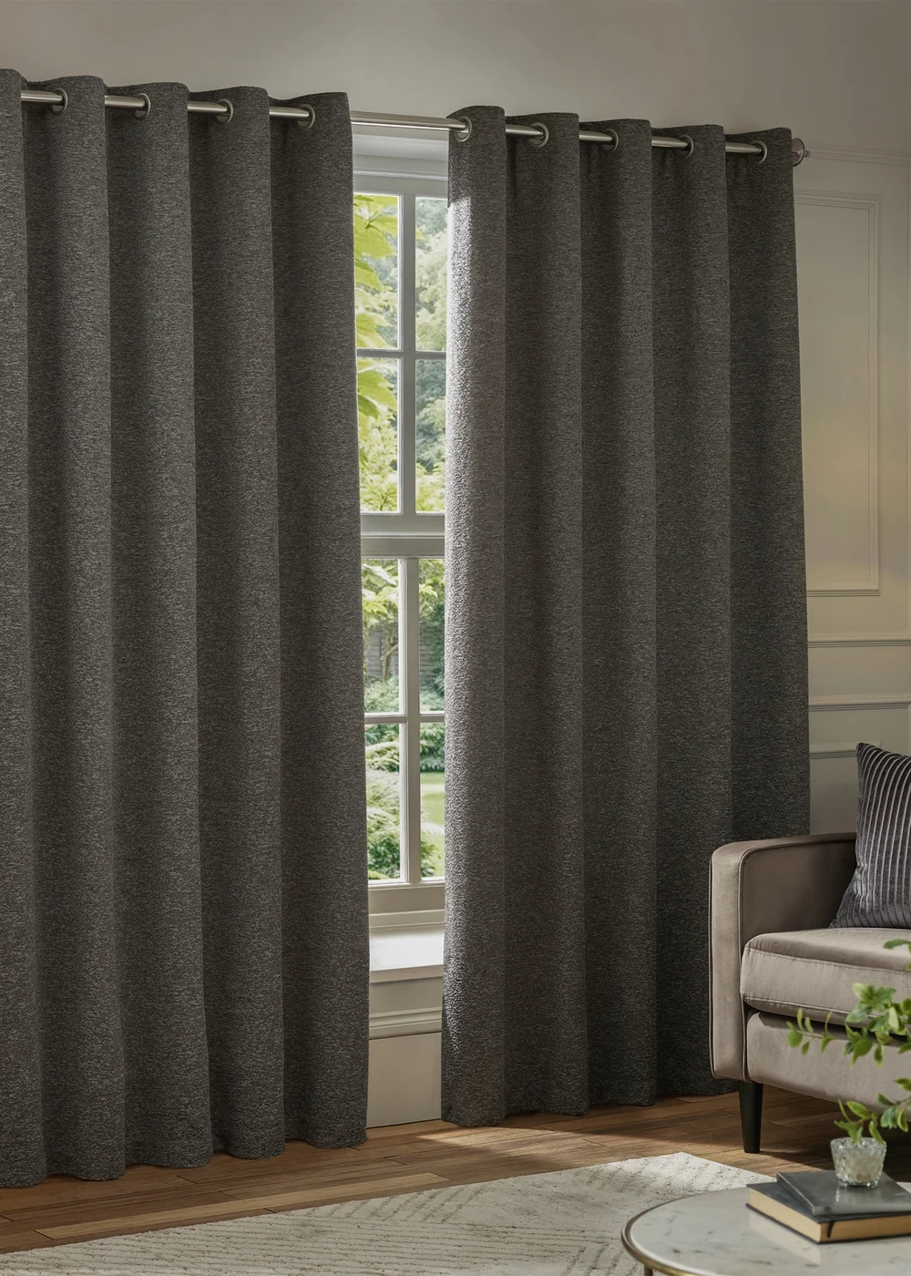 Paoletti Galaxy Chenille Room Darkening Eyelet Curtain Pair Charcoal - 46W X 54D (117x137cm Image 2