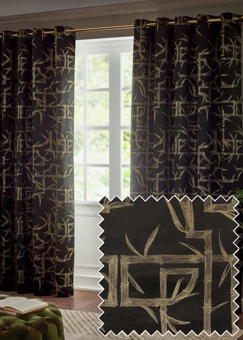Paoletti Bamboo Jacquard Room Darkening Eyelet Curtain Pair Black - 46W X 54D (117x137cm Image 1