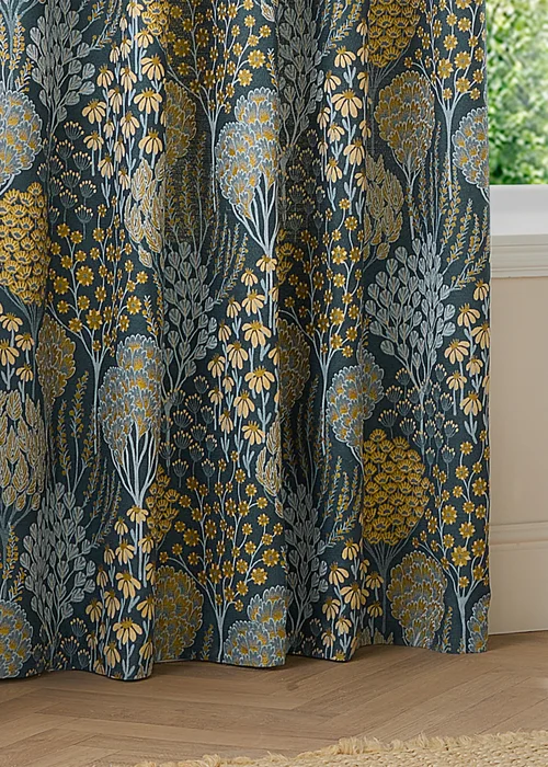 Wylder Nature Ophelia Floral Jacquard Room Darkening Eyelet Curtain Pair Blue/Saffron - 46X X 72D (116x183cm) Image 4