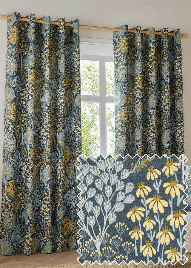 Wylder Nature Ophelia Floral Jacquard Room Darkening Eyelet Curtain Pair Blue/Saffron