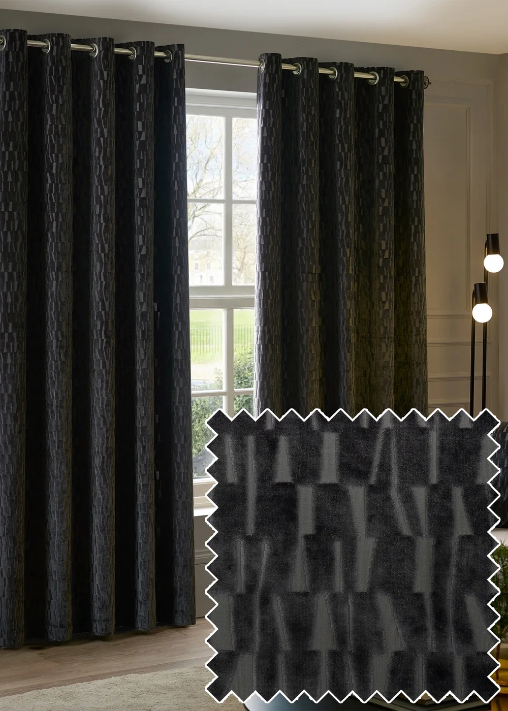 Paoletti Manhattan Velvet Room Darkening Eyelet Curtain Pair Charcoal - 46W X 54D (117x137cm Image 1
