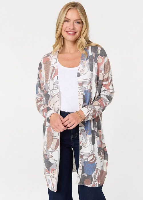 Izabel London White Abstract Open Front Longline Cardigan - 8 Image 4