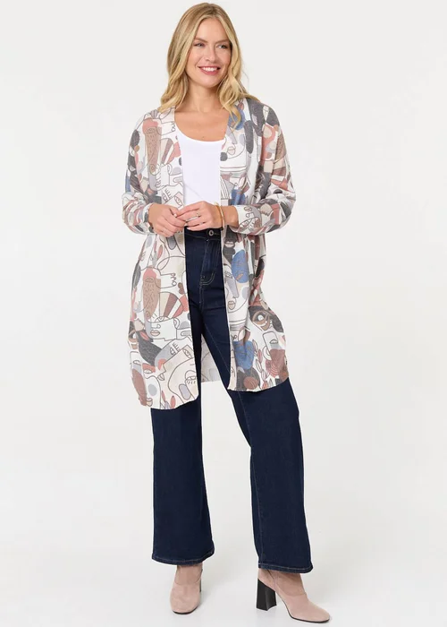 Izabel London White Abstract Open Front Longline Cardigan - 8 Image 1