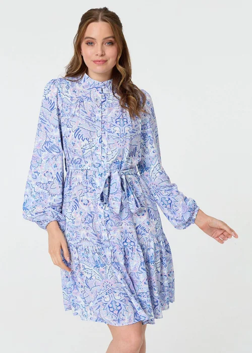 Izabel London Blue Printed High Neck Short Shirt Dress - 16 Image 1