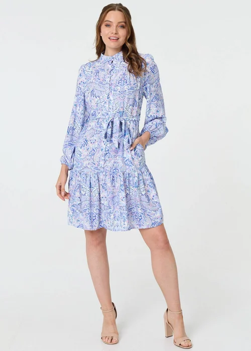 Izabel London Blue Printed High Neck Short Shirt Dress - 16 Image 4