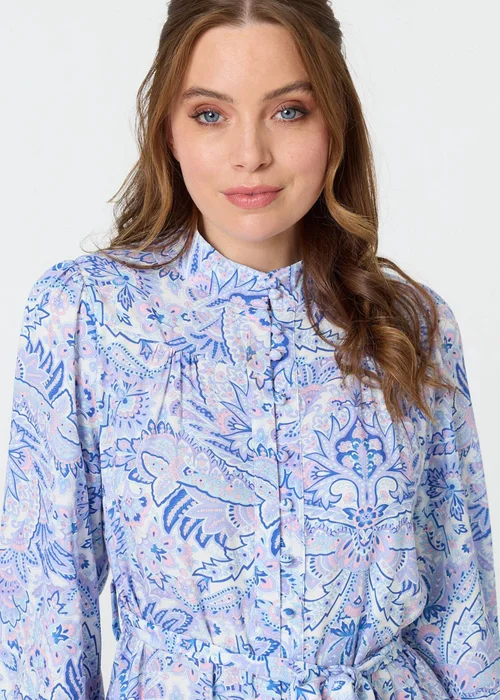 Izabel London Blue Printed High Neck Short Shirt Dress - 16 Image 3