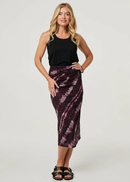 Izabel London Burgundy Tie Dye Ruched High Waist Midi Skirt - 10 Image 1