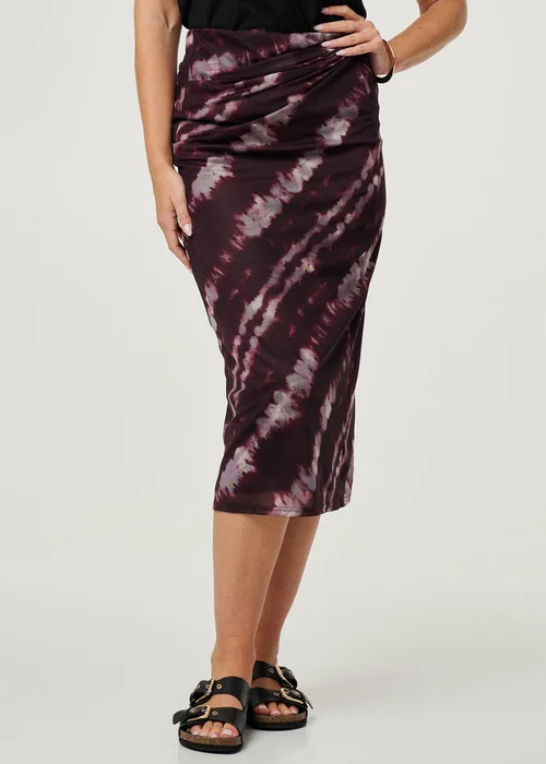 Izabel London Burgundy Tie Dye Ruched High Waist Midi Skirt - 10 Image 3