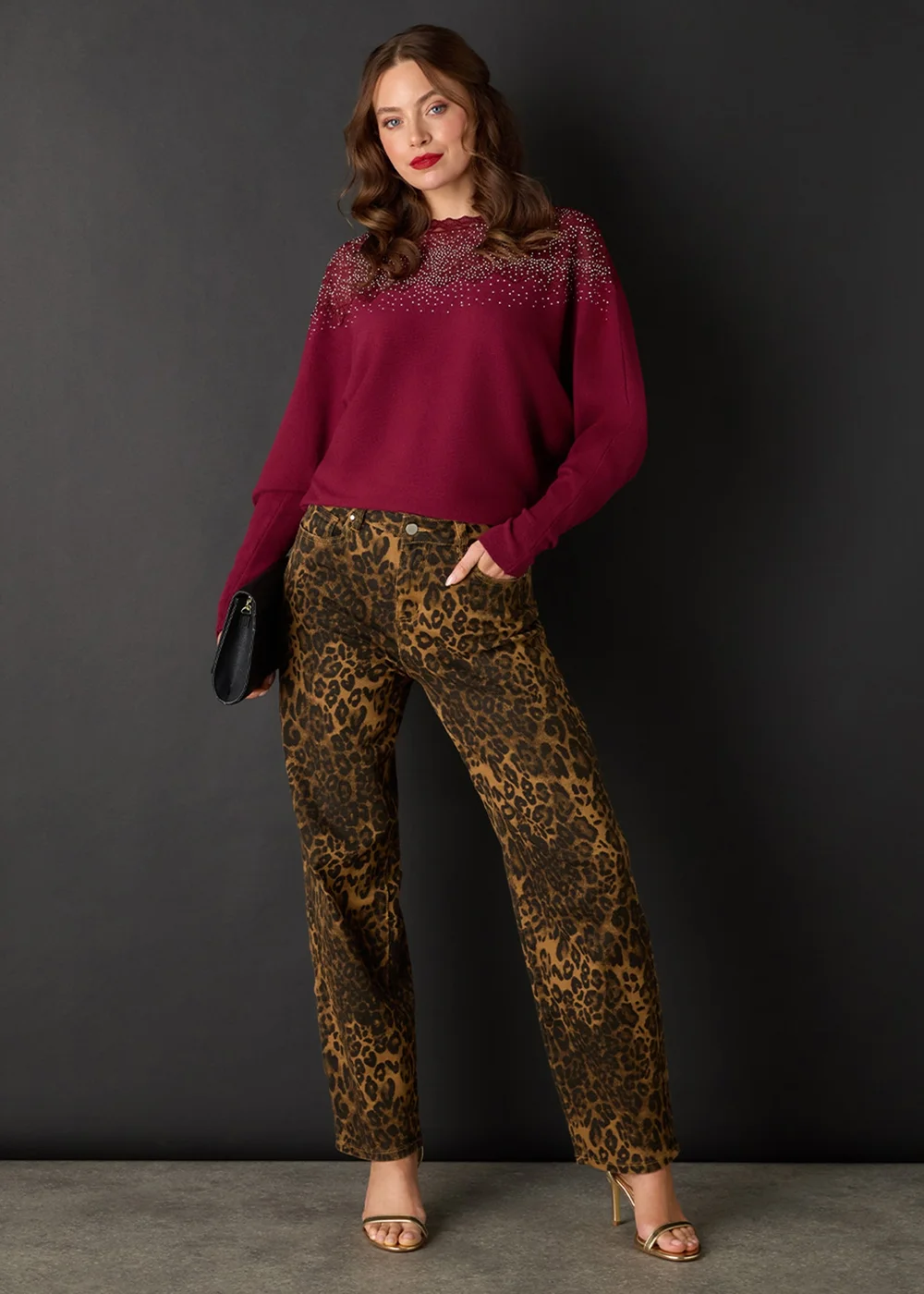 Izabel London Brown Animal Print High Waist Wide Leg Jeans - 12 Image 1