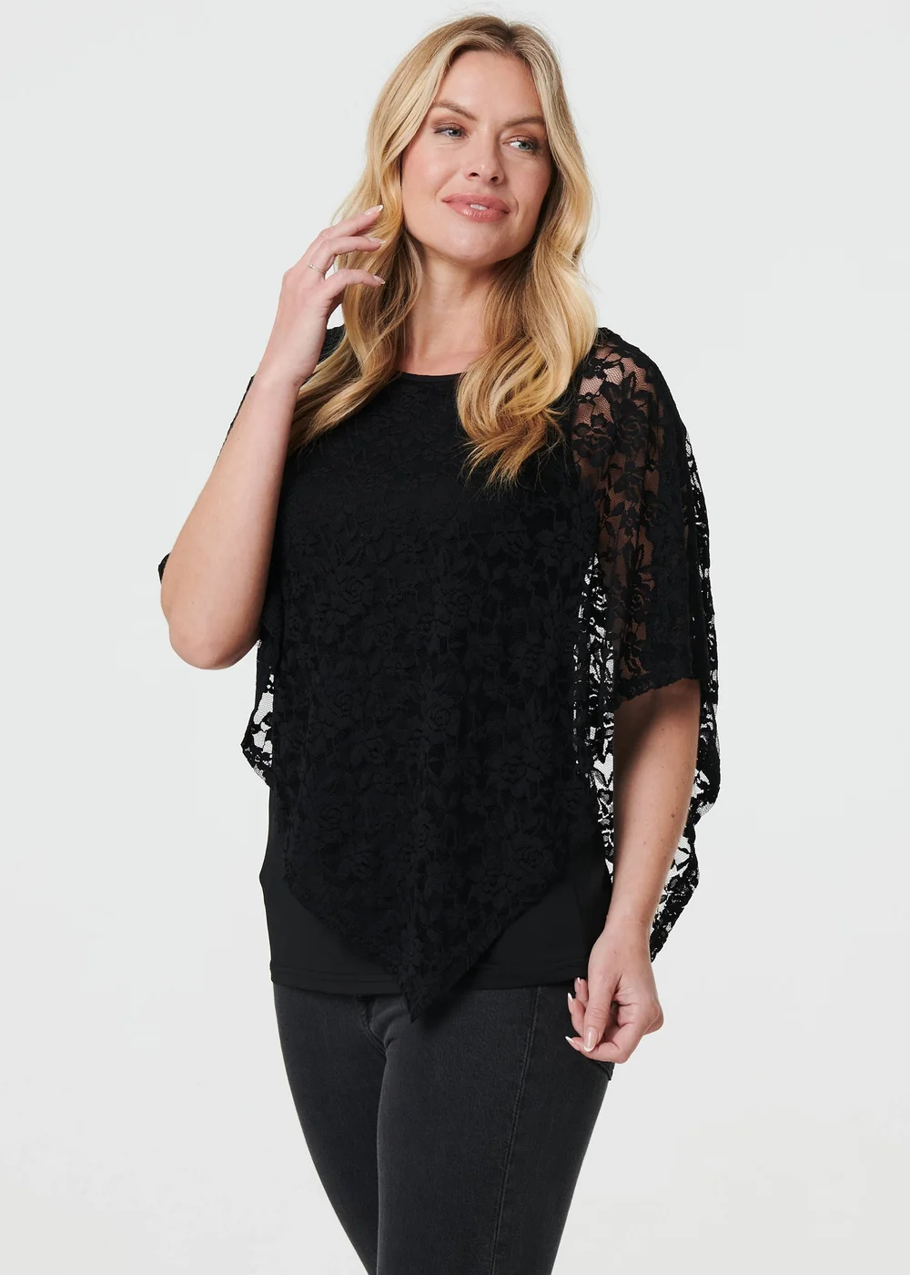 Izabel London Black Floral Lace Asymmetric Layered Top - 12 Image 1