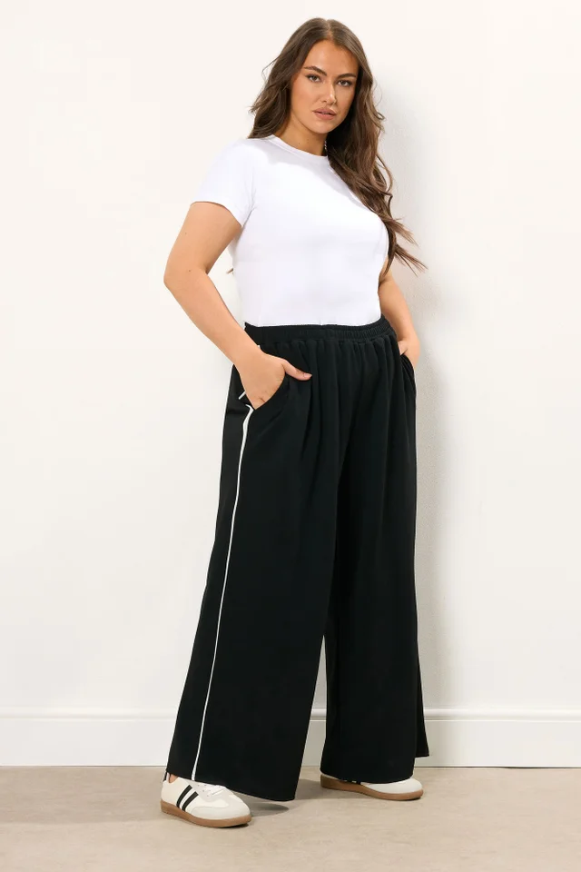 Yours Curve Black Scuba Side Stripe Wide Leg Trousers