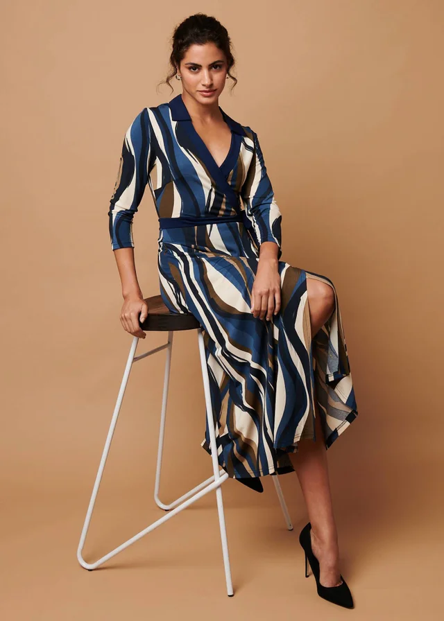 Izabel London Blue Striped 3/4 Sleeve Midi Wrap Dress
