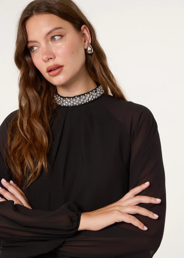 Blue Vanilla Black Embellished Collar Tunic Top
