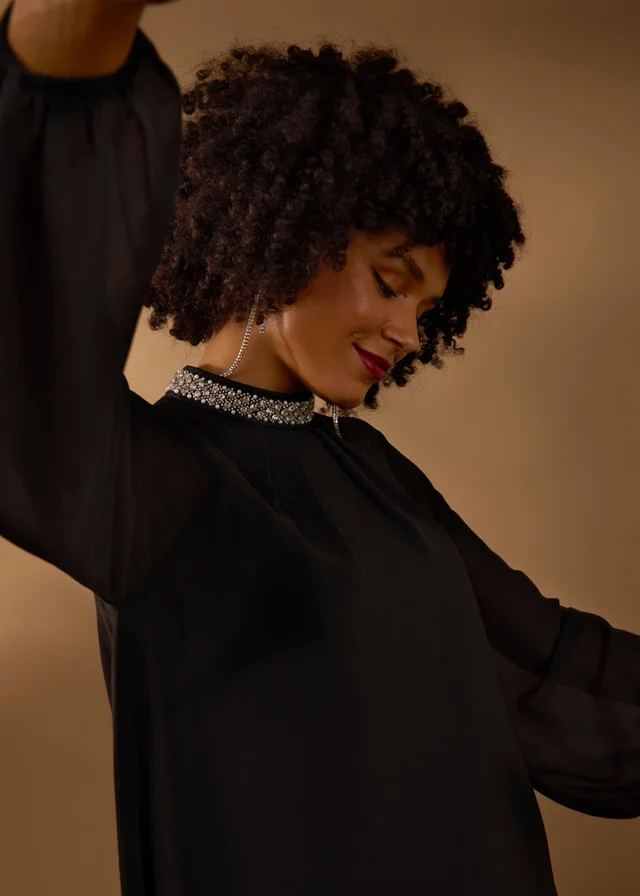 Blue Vanilla Black Embellished Collar Tunic Top