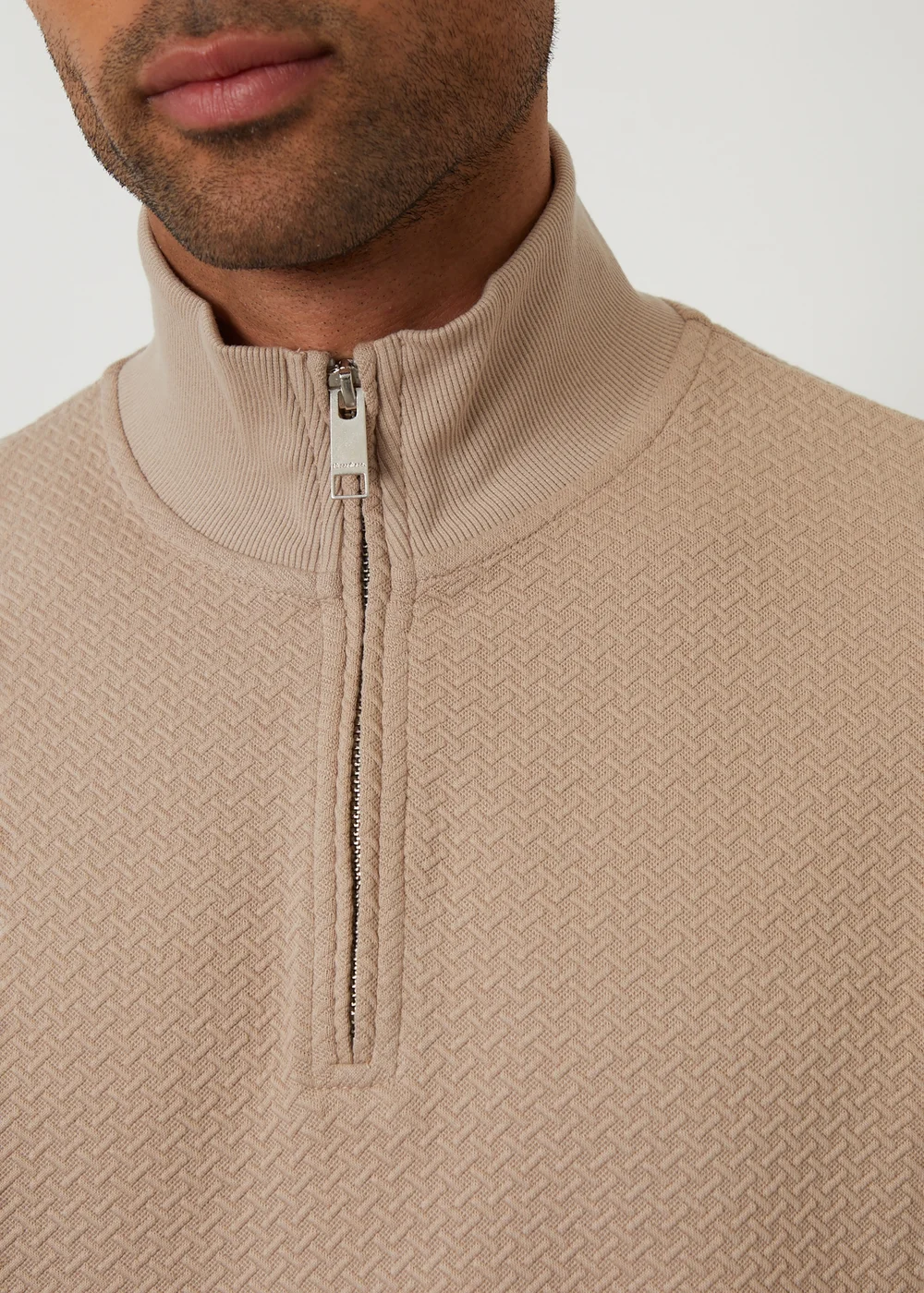 Threadbare Taupe Textured Quarter Zip Sweatshirt - S Image 4