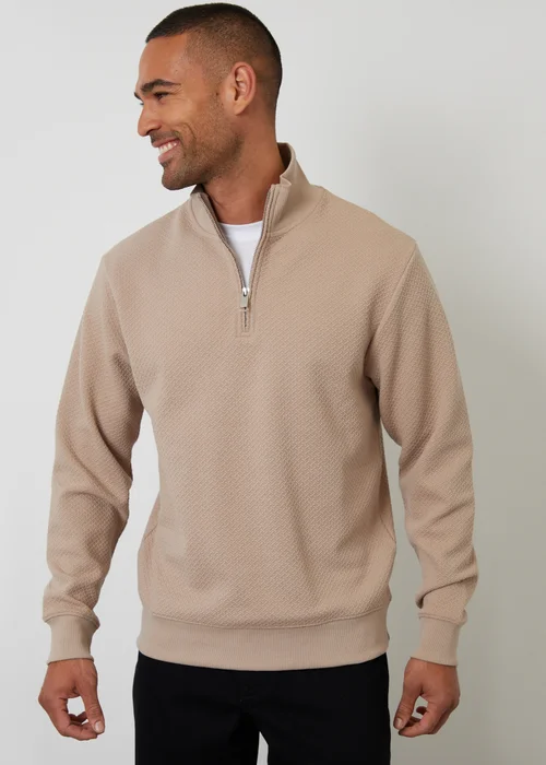 Threadbare Taupe Textured Quarter Zip Sweatshirt - S Image 1