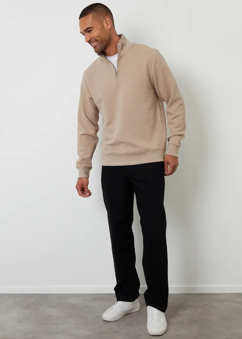 Threadbare Taupe Textured Quarter Zip Sweatshirt - S Image 3