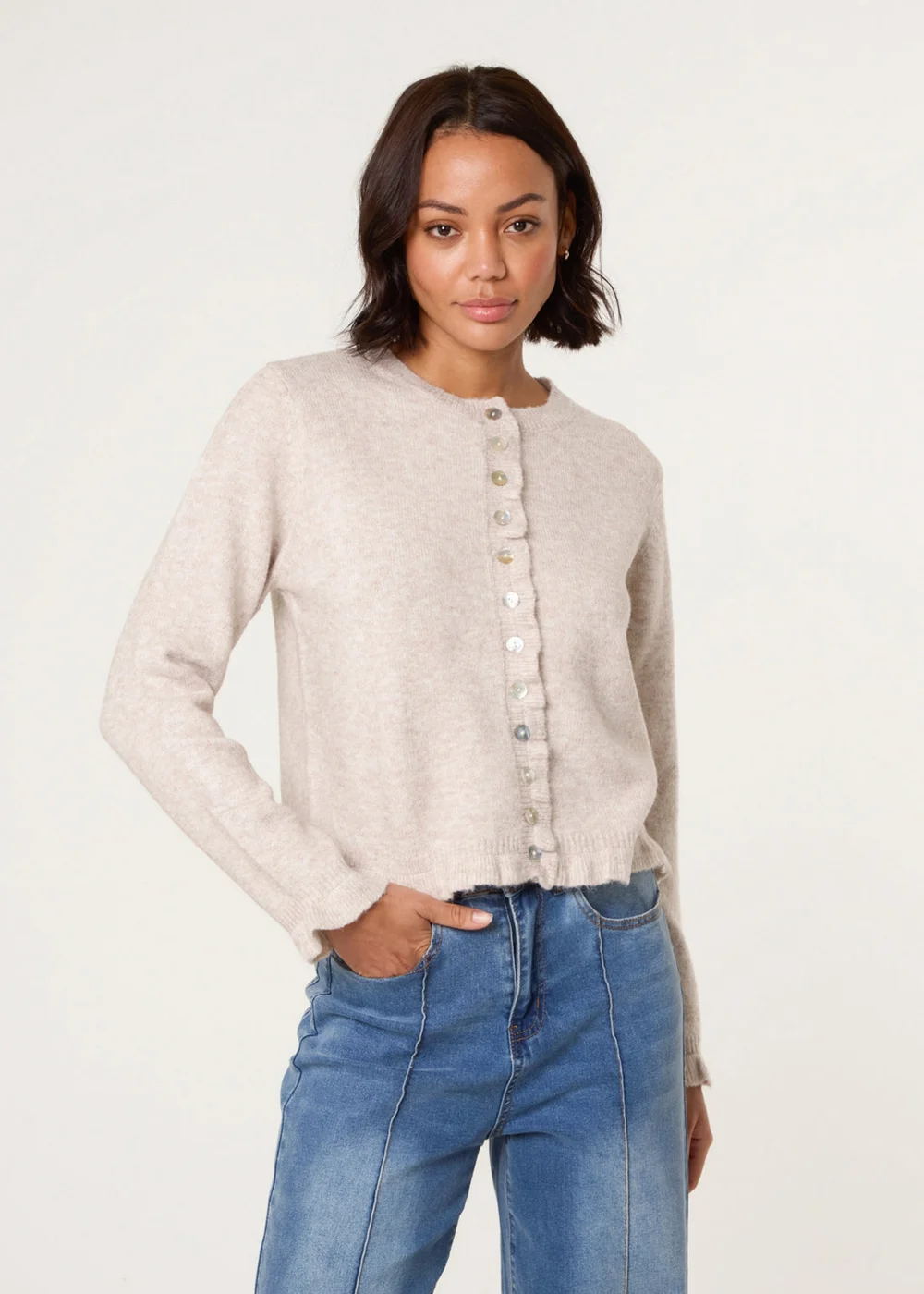 Blue Vanilla Stone Cardigan With Ruffle Trim - Size 18-20 Image 1