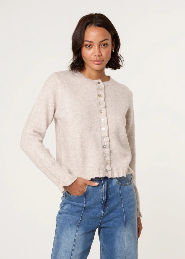 Blue Vanilla Stone Cardigan With Ruffle Trim