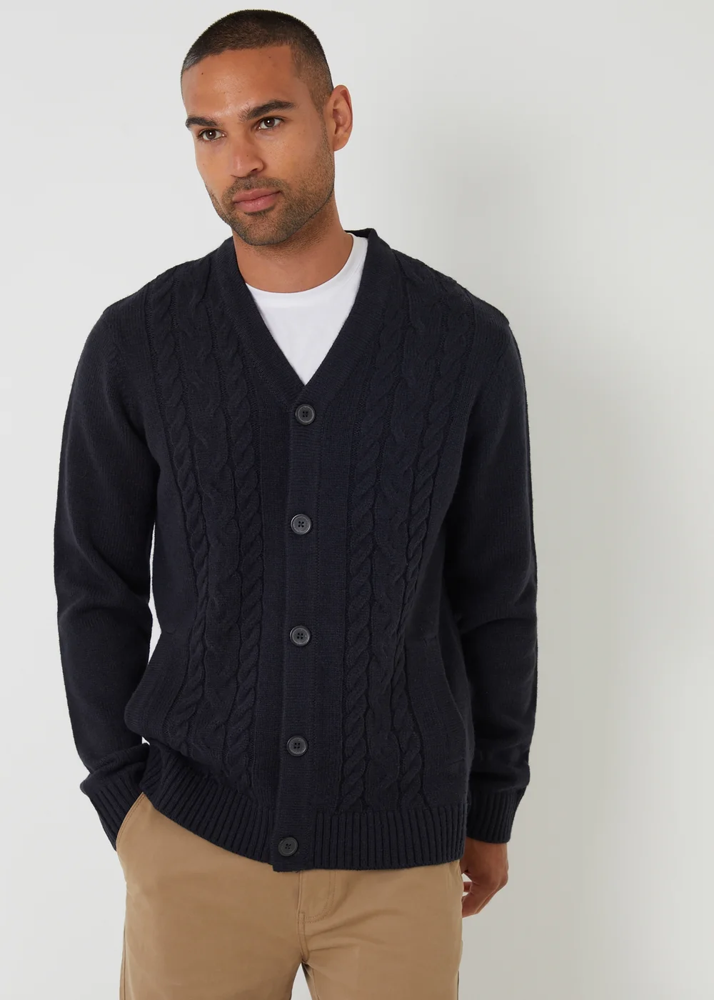 Threadbare Navy Cable Knit Detail V-Neck Cardigan - Extra Large Image 1