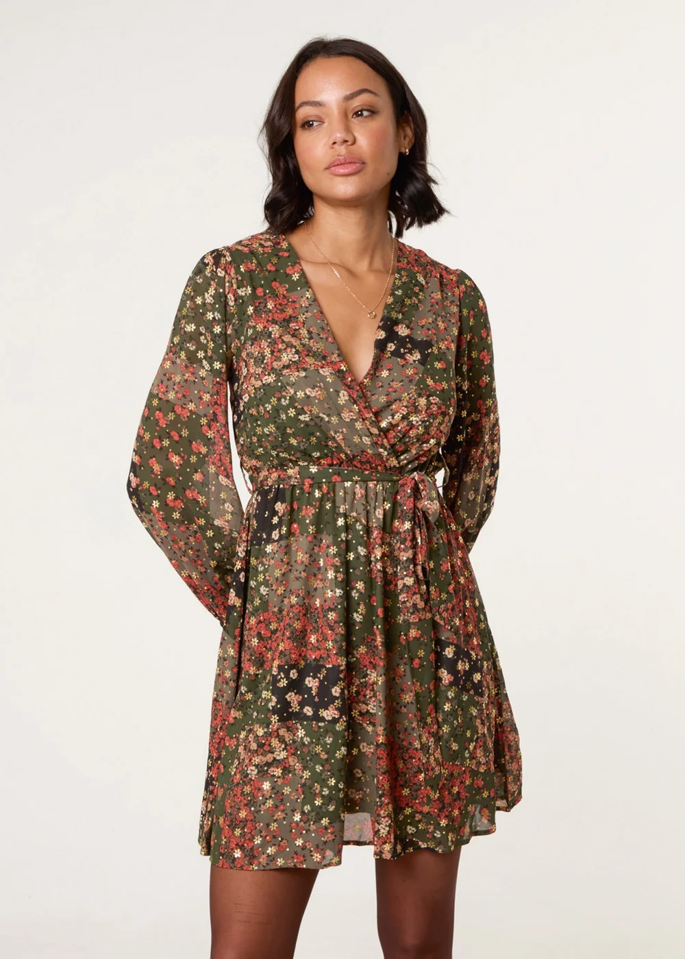 Blue Vanilla Khaki Gold Foil Patchwork Mini Dress - S Image 2