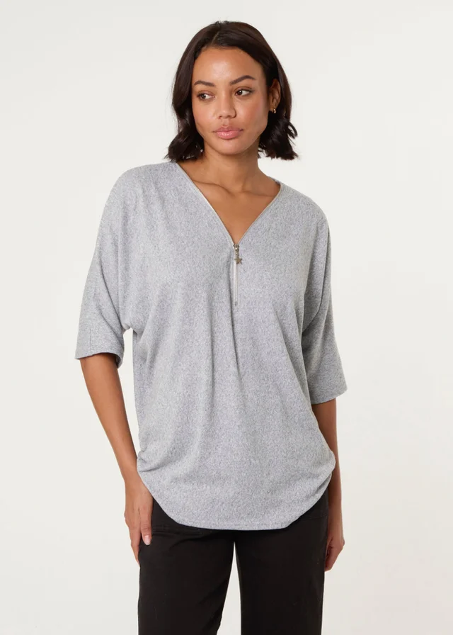 Blue Vanilla Grey Plain Half Zip Top