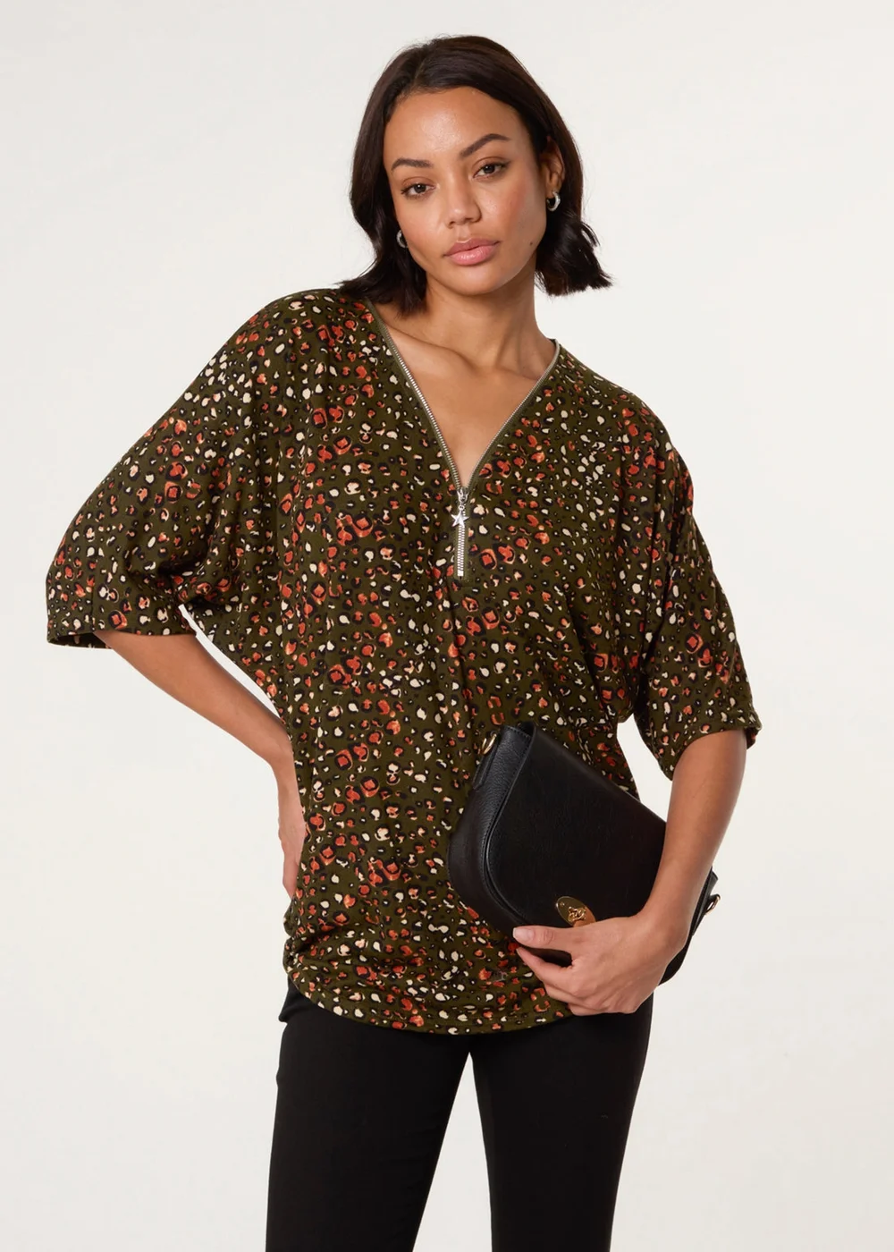 Blue Vanilla Khaki Printed Zip Front Top - S/M Image 1
