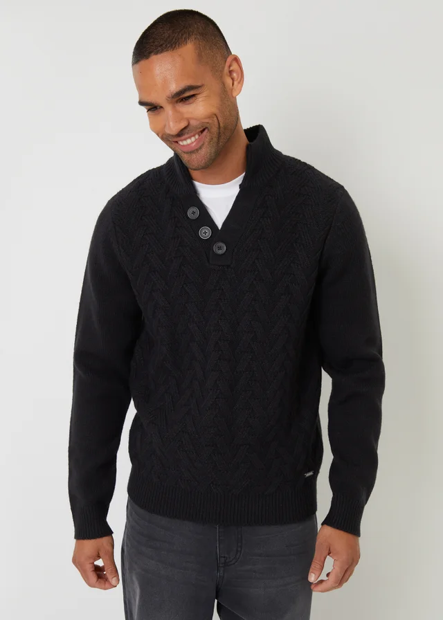 Threadbare Black Mock Neck Funnel Neck Cable Knit Jumper