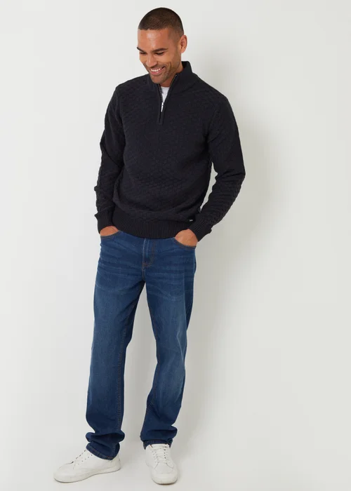 Threadbare Navy Textured Quarter Zip Jumper With Wool - Medium Image 3
