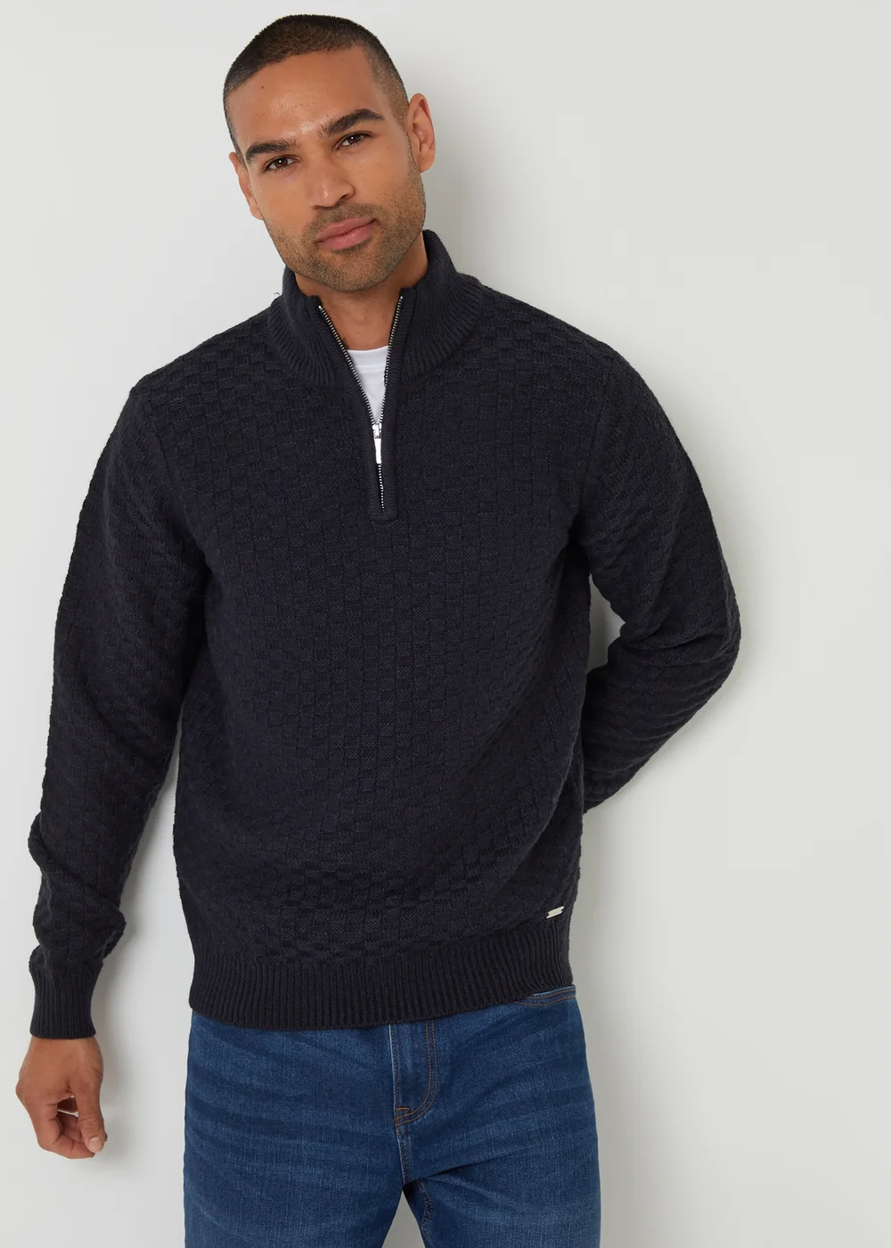 Threadbare Navy Textured Quarter Zip Jumper With Wool - Medium Image 1