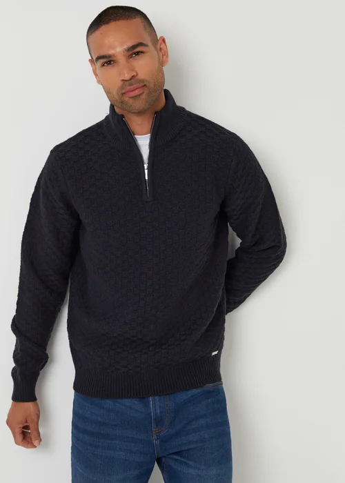 Threadbare Navy Textured Quarter Zip Jumper With Wool - Medium Image 1